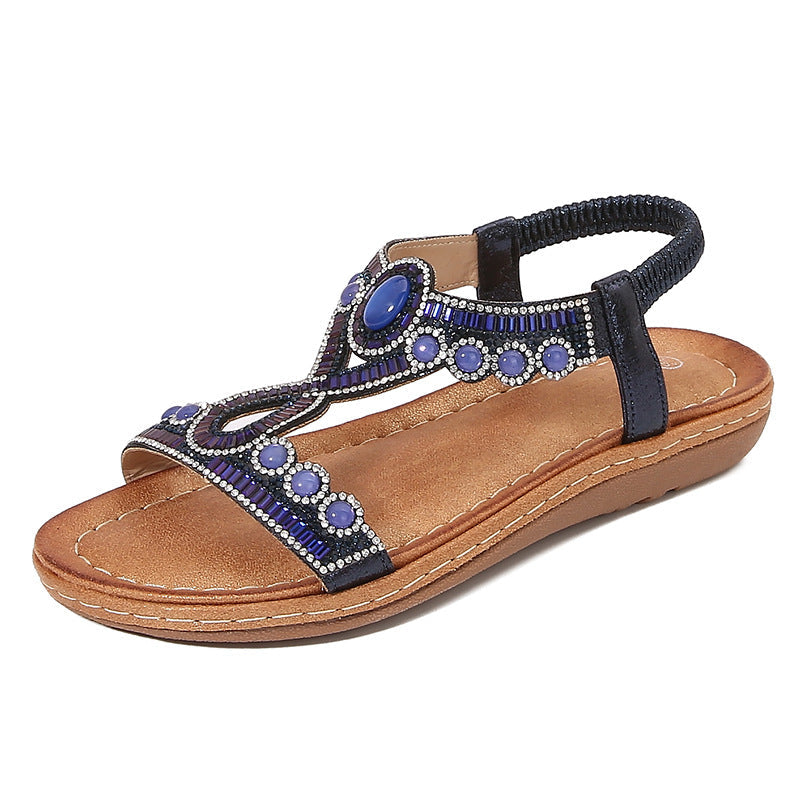 Women’s Sandals – Flat Sole – Cushioned Footbed – Boho Crystal Thong Strap