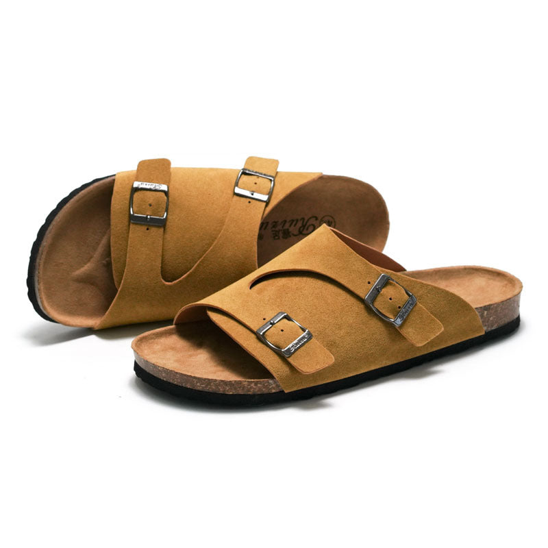Unisex Sandals – Soft Suede Upper – Cork Footbed – Adjustable Buckle – Slip-On Flat