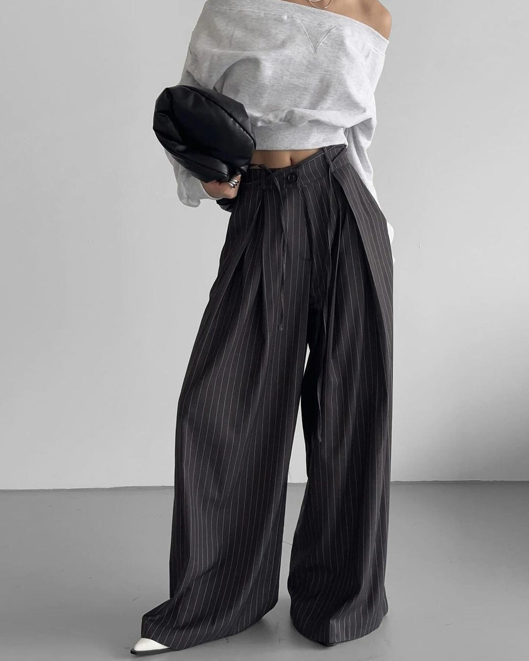 Women's Wide-Leg Trousers - High Waist - Pinstripe Draped Suit Pants - Relaxed Fit