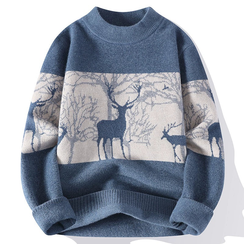 Men’s Pullover Sweater – Loose Fit – Wool Knit – Mock Neck – Deer Pattern – Ribbed Trim