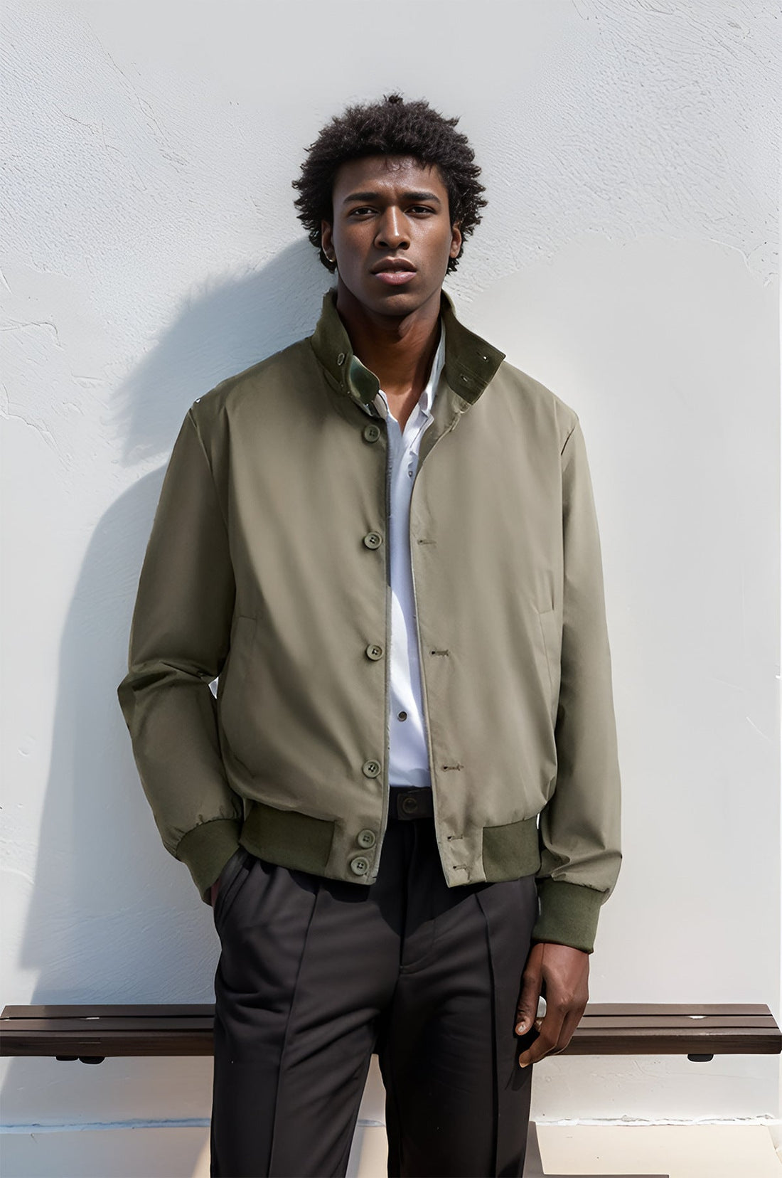 Men’s Bomber Jacket – Slim Fit – Button-Up Front – Ribbed Cuffs and Waistband