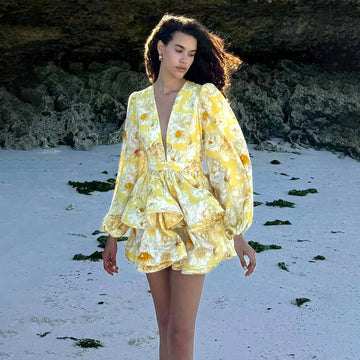 Women’s Mini Dress – Floral Print – Deep V-Neck – Tiered Skirt – Long Sleeve – Fitted Waist