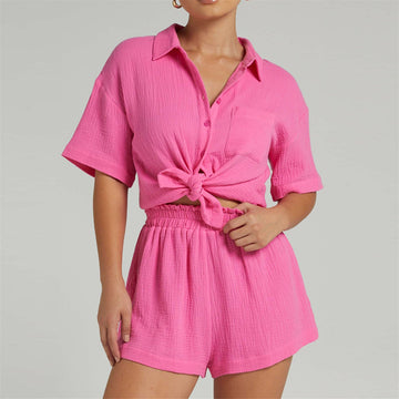 Women's Short-Sleeved Shirt and High-Waist Shorts Set