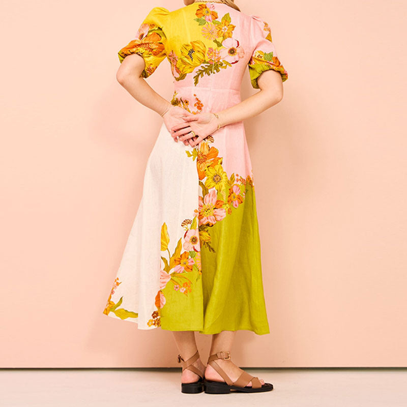 Women’s Midi Dress – Flared A-Line Fit – Puff Sleeve – Ethnic Floral Print – Soft Cotton