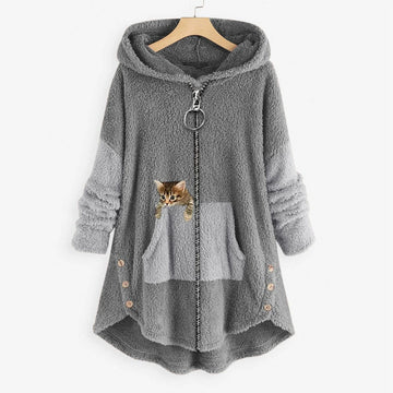 Women’s Long Hooded Jacket – Oversized Fit – Sherpa Fleece – Kangaroo Pocket – High-Low Hem