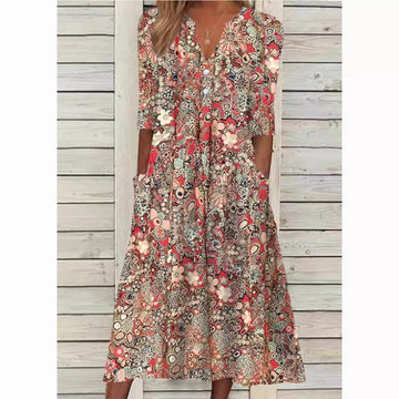 Women's Maxi Dress - Bohemian Print - V-Neck - Three-Quarter Sleeve - Button-Down
