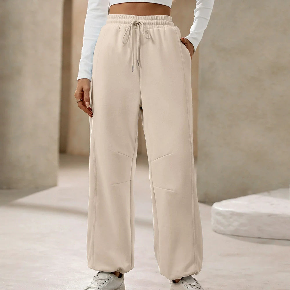 Women’s Relaxed Fit Trousers – High Waist – Cotton Feel – Full Length – Drawstring Waist