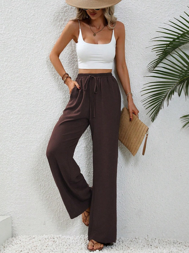 Women’s Trousers – Linen – Relaxed Fit – Wide Leg – Elastic Waist Casual Wear