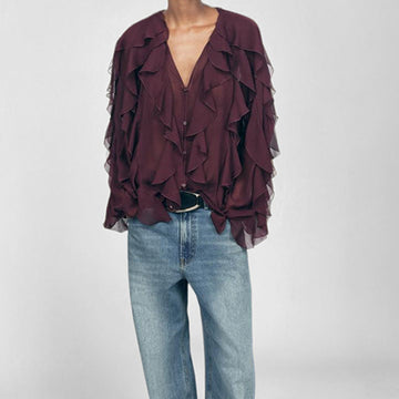 Women’s Blouse – V-Neck – Loose Fit – Long Sleeve – Sheer Fabric – Ruffle Front