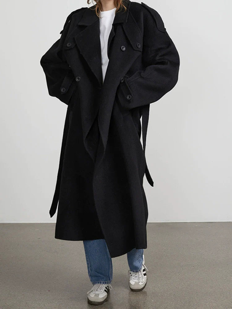 Women’s Long Coat – Oversized Fit – Wool Blend – Double-Breasted Belted Trench Style