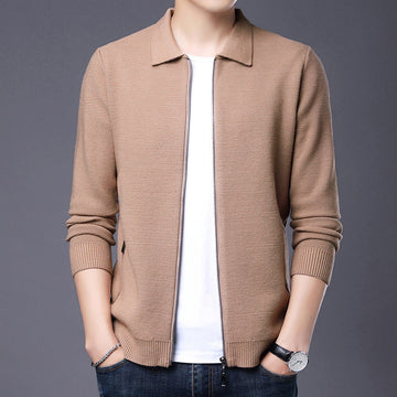 Men’s Cardigan – Wool – Slim Fit – Zip Front – Classic Collar – Ribbed Trim