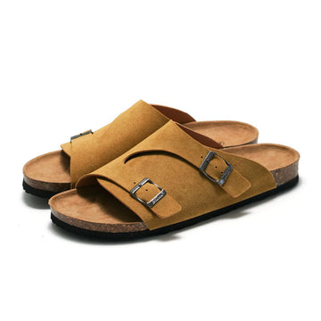 Unisex Sandals – Soft Suede Upper – Cork Footbed – Adjustable Buckle – Slip-On Flat