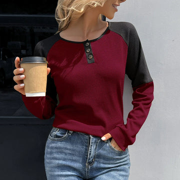 Women’s Long Sleeve T-Shirt – Slim Fit Waffle Knit – Button Neck – Raglan Sleeve