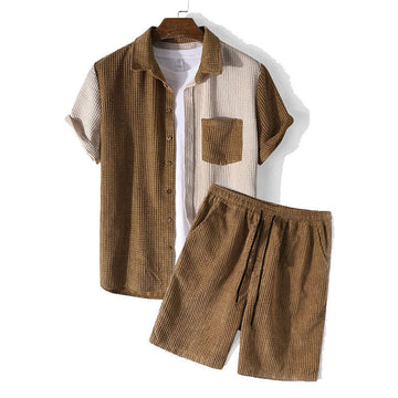 Men’s Two-Piece Set – Waffle Texture – Relaxed Fit – Button Shirt & Drawstring Shorts
