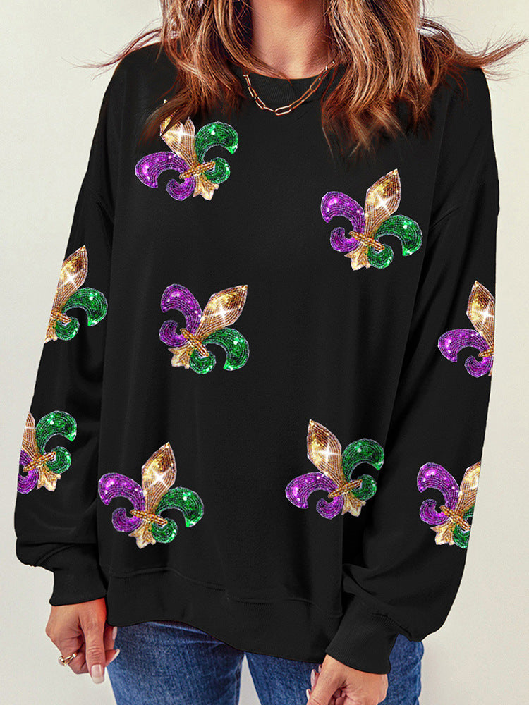 Women’s Sweatshirt – Relaxed Fit – Sequin Front – Cotton Blend – Round Neck Pullover