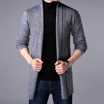 Men’s Long Cardigan – Relaxed Fit – Knitted Cotton Blend – Open Front Layering Piece
