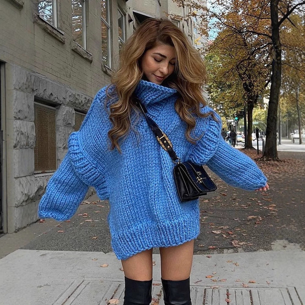 Women’s Pullover Sweatshirt – Oversized Fit – Chunky Knit Wool – Turtleneck – Ribbed Cuffs