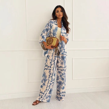 Women’s Two-Piece Set – Floral Print – Loose Fit Kimono Top – Wide-Leg Trousers