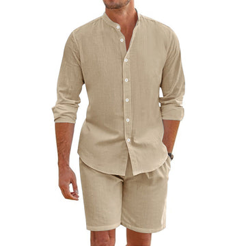 Men’s Two-Piece Set – Linen Blend – Relaxed Fit – Button-Up Shirt & Mid-Thigh Shorts