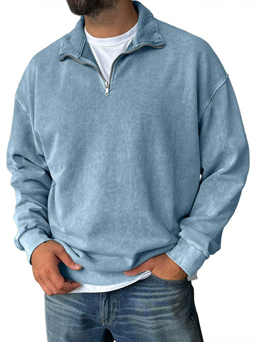 Men’s Sweatshirt – Relaxed Fit – Cotton Blend – Half Zip Stand Collar – Drop Shoulder