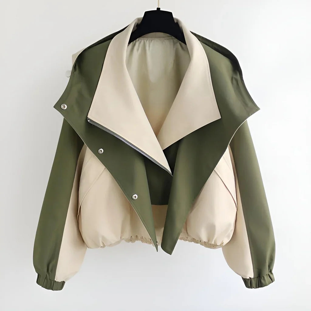 Women’s Short Jacket – Oversized Relaxed Fit – Two-Tone – Blouson Hem – Snap Closure