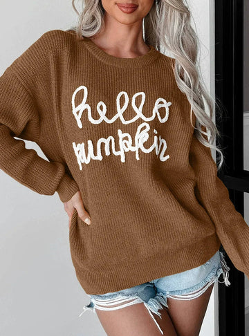 Women’s Sweater – Relaxed Fit – Wool Blend Knit – Ribbed Texture – Crochet Letter Design