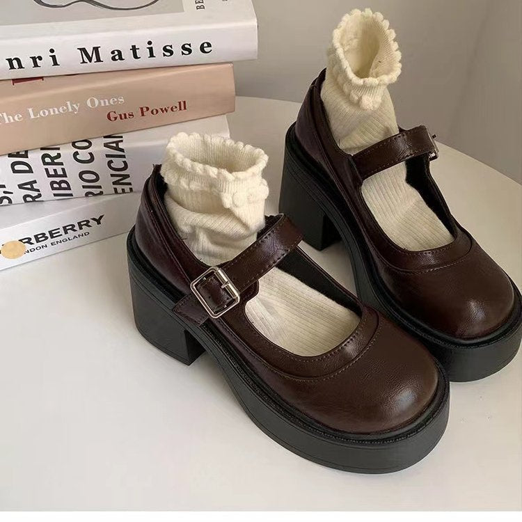 Women’s Platform Shoes – Chunky Block Heel – Faux Leather – Mary Jane Strap – Retro Toe