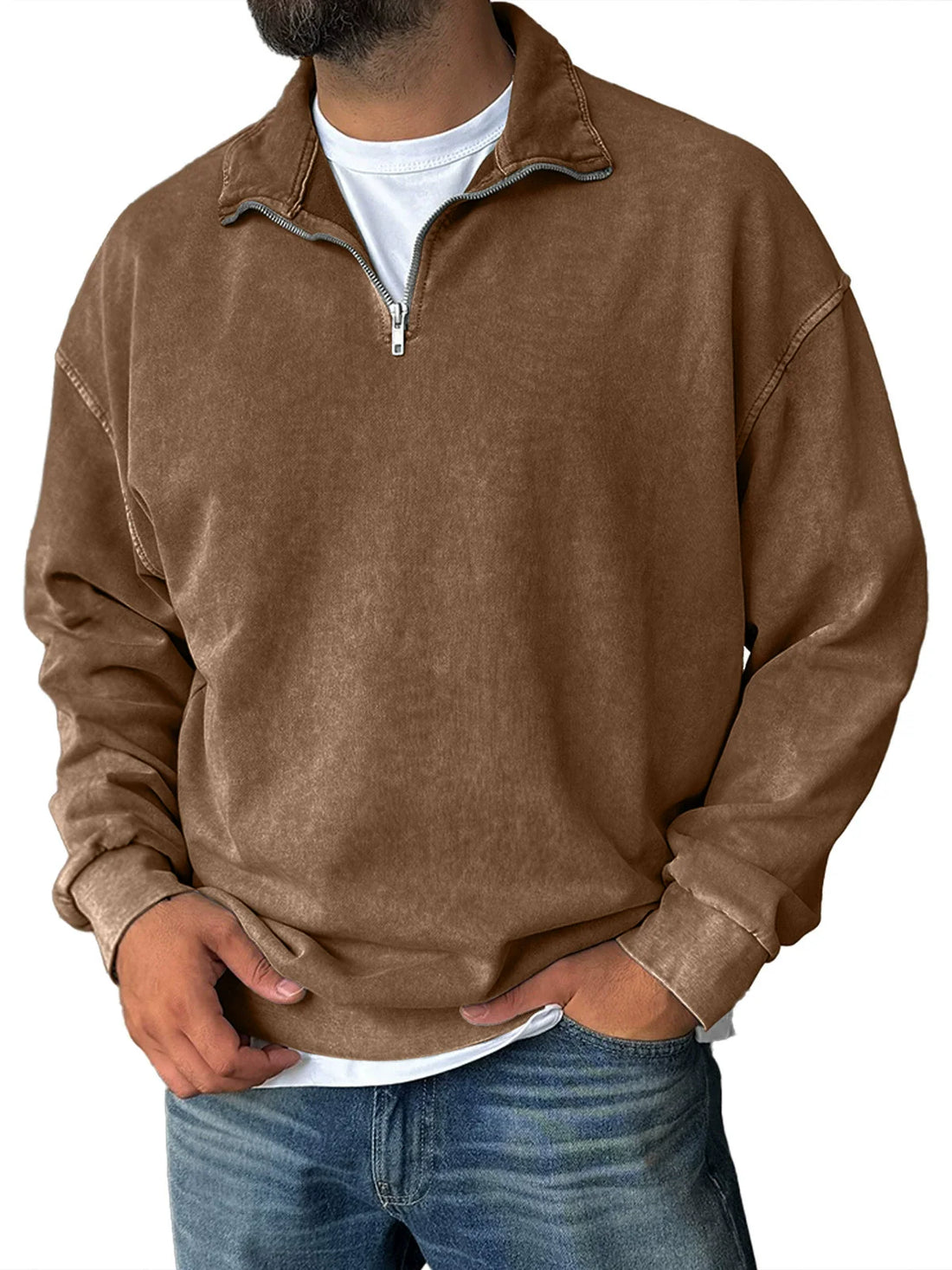 Men’s Sweatshirt – Relaxed Fit – Cotton Blend – Half Zip Stand Collar – Drop Shoulder
