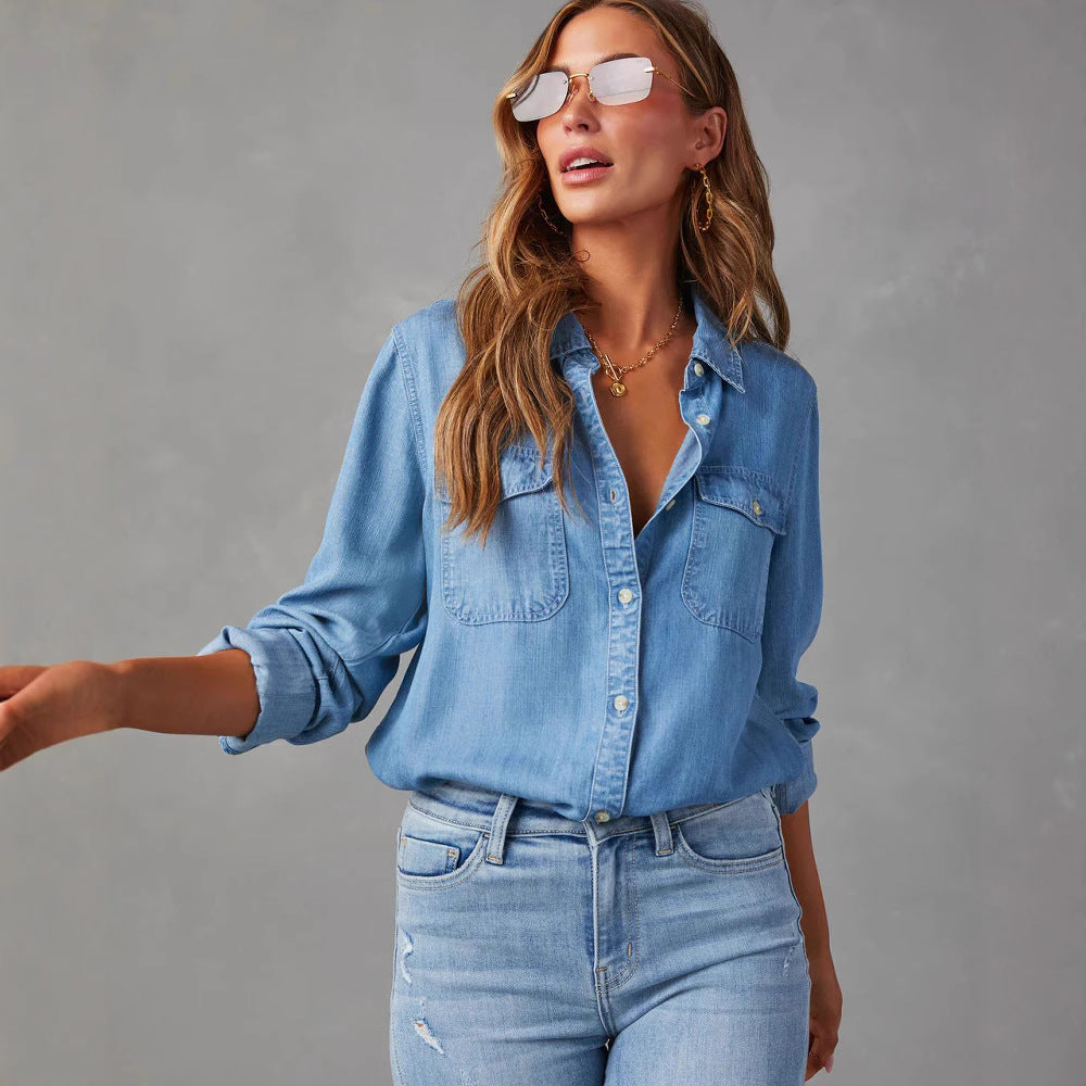 Women’s Denim Shirt – Relaxed Fit – Button Down – Long Sleeve – Chest Pockets