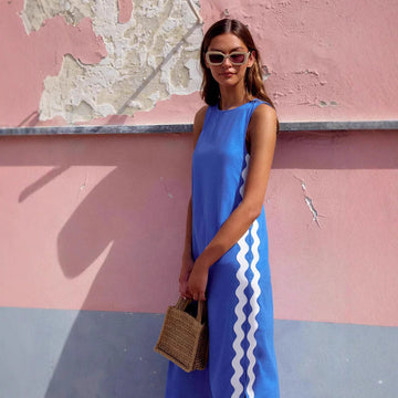 Women’s Sleeveless Dress – Relaxed Fit – Midi Length – Round Neck – Side Stripes