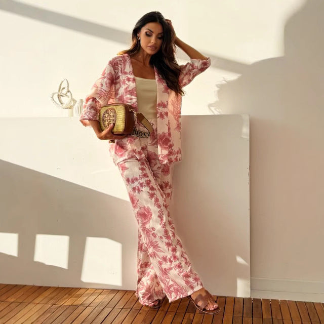 Women’s Two-Piece Set – Floral Print – Loose Fit Kimono Top – Wide-Leg Trousers