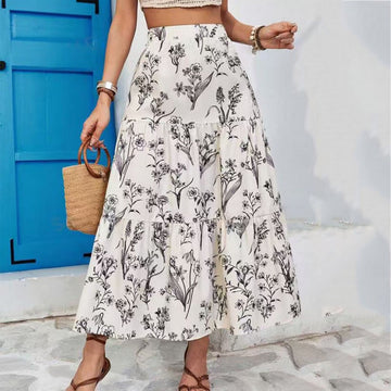 Women’s Midi Skirt – Lightweight Flowy Fit – Tiered Design – Elastic Waist – Floral Print