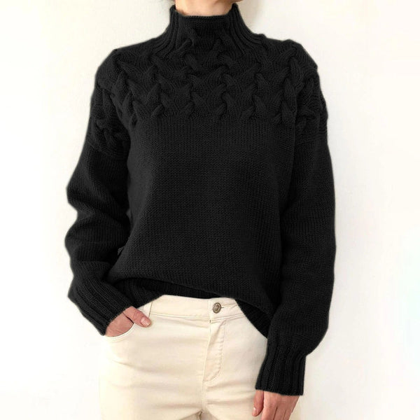 Women’s Turtleneck Sweater – Wool Blend – Relaxed Fit – Cable Knit – Soft and Warm