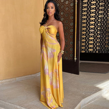 Women’s Maxi Dress – Satin Feel – Halter Neck – Strapless Bandeau – Printed Elegant Fit
