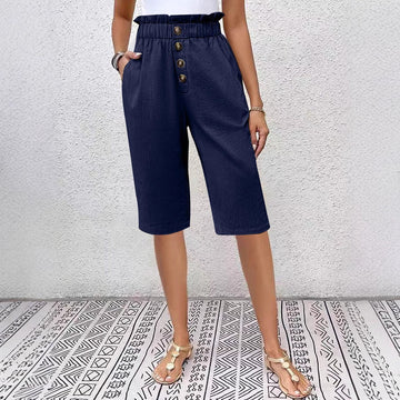 Women’s Knee-Length Shorts – High Waist Paperbag Style – Lightweight Linen – Relaxed Fit