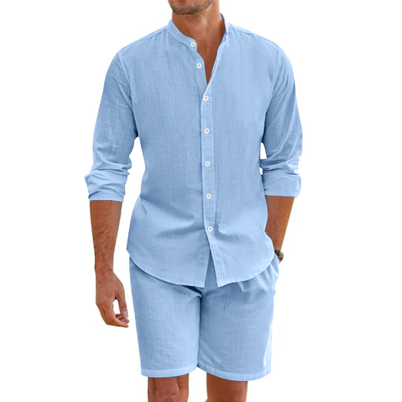 Men’s Two-Piece Set – Linen Blend – Relaxed Fit – Button-Up Shirt & Mid-Thigh Shorts