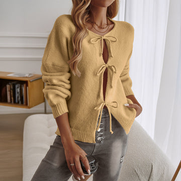 Women’s Cardigan – Wool Knit – Relaxed Fit – Tie Front – Ribbed Trim Layering Piece