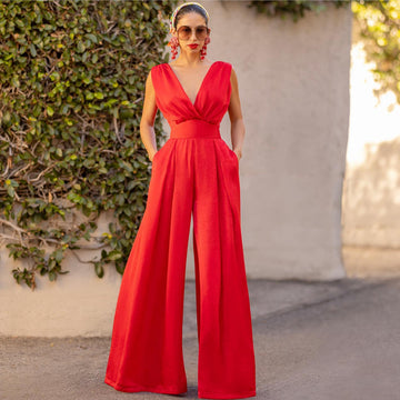 Women's Jumpsuit - High Waist - Sleeveless Deep V-Neck - Wide Leg Elegant Fit
