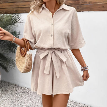 Women’s Romper – Lightweight Cotton Blend – Belted Waist – Button-Up – Short Sleeve