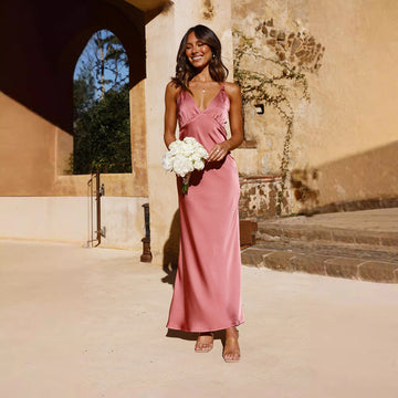 Women’s Evening Dress – Satin – Fitted – V-Neck – Backless – Sleeveless – Side Slit