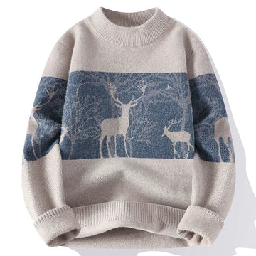 Men’s Pullover Sweater – Loose Fit – Wool Knit – Mock Neck – Deer Pattern – Ribbed Trim