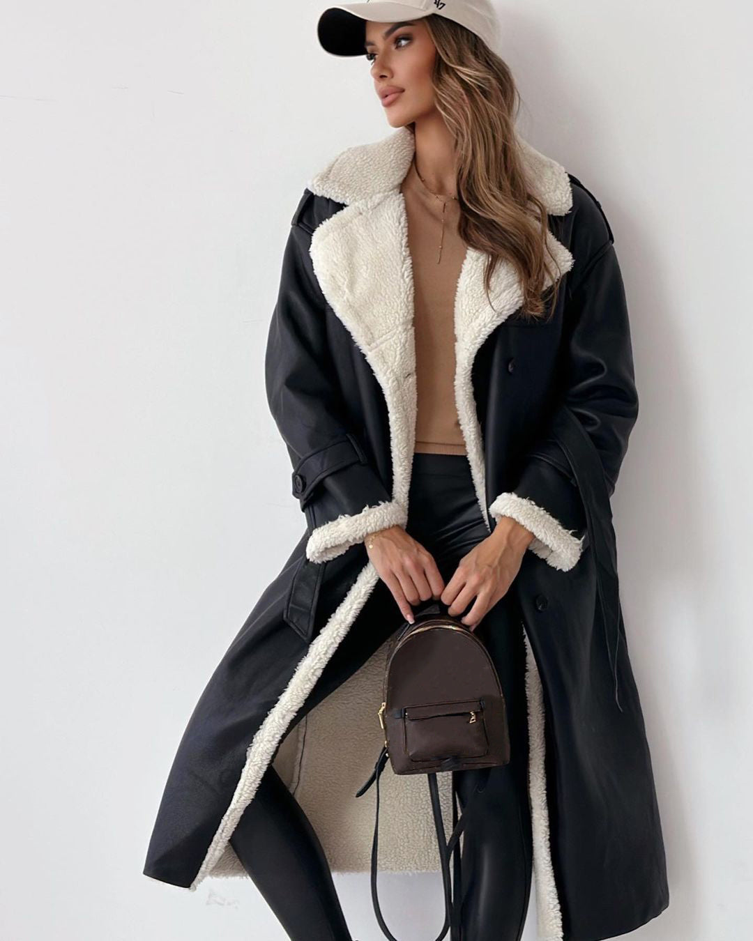Women’s Long Coat – Oversized Fit – Leather-Look – Plush Lined – Belted Closure