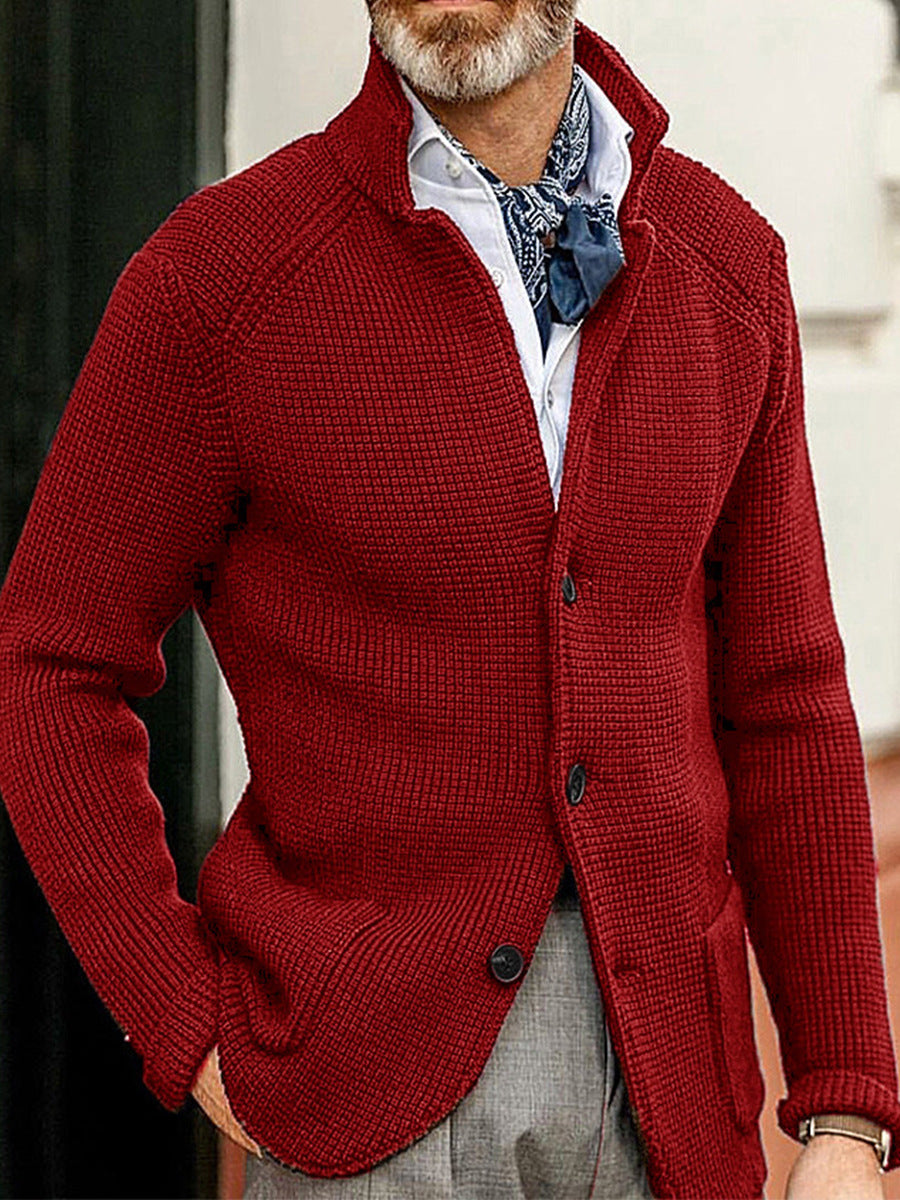 Men’s Cardigan – Slim Fit Textured Knit – Stand-up Collar – Button Front – Patch Pockets