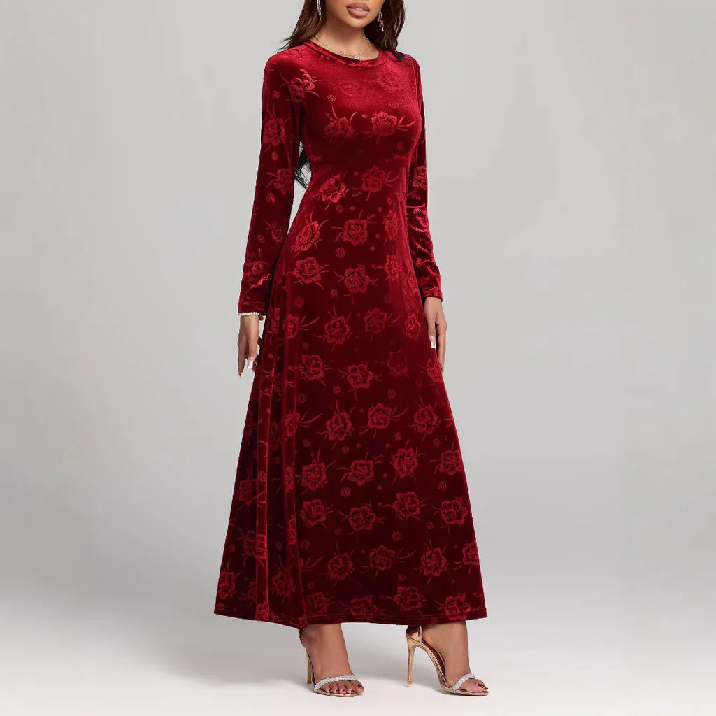 Women’s Full-Length Dress – Velvet A-Line Fit – Floral Embossed – Long Sleeve Elegance