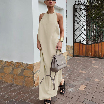 Women’s Halter Maxi Dress – Cotton Linen – Loose Fit – Minimalist Flowy Design
