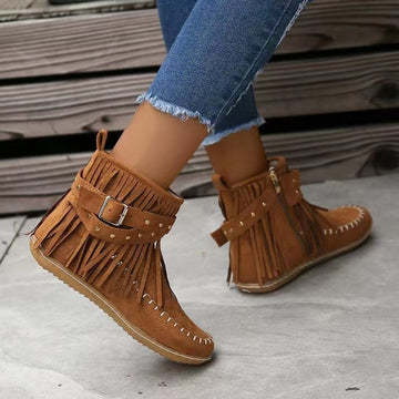 Women's Suede Boots - Fringe Detail - Moccasin Style - Studded Strap - Flat Sole