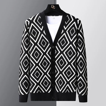 Men’s Cardigan Sweater – Slim Fit – Knitted Jacquard – V-Neck – Button Front Layer
