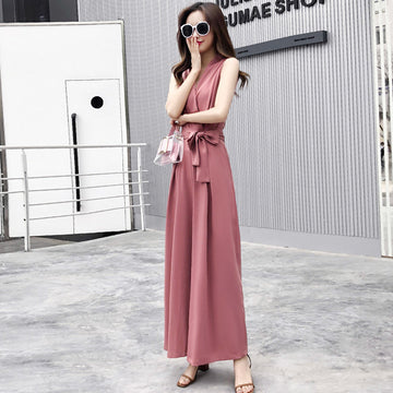 Women's Sleeveless Jumpsuit - Waist Tie - Wide Leg