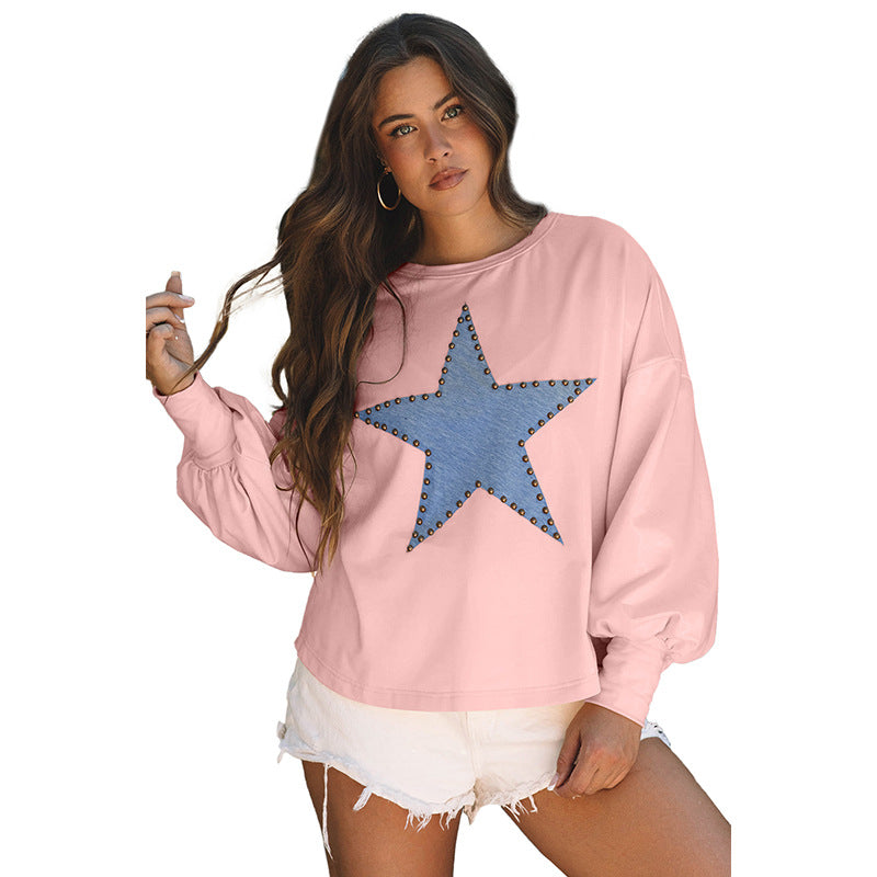 Women’s Sweatshirt – Relaxed Fit – Star Embellishment – Long Sleeve Cotton Feel