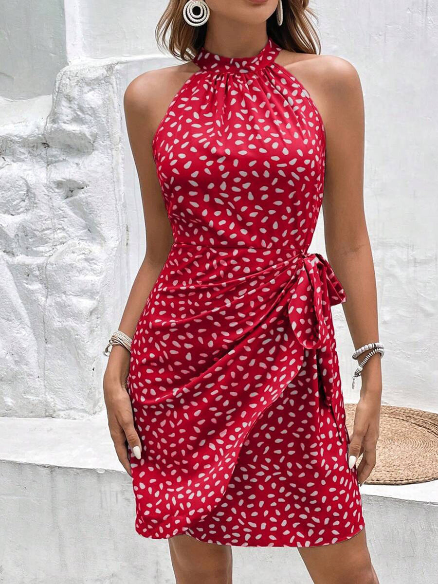 Women's Halter Neck Dress - Sleeveless Tie Waist - Elegant Printed Mini Dress